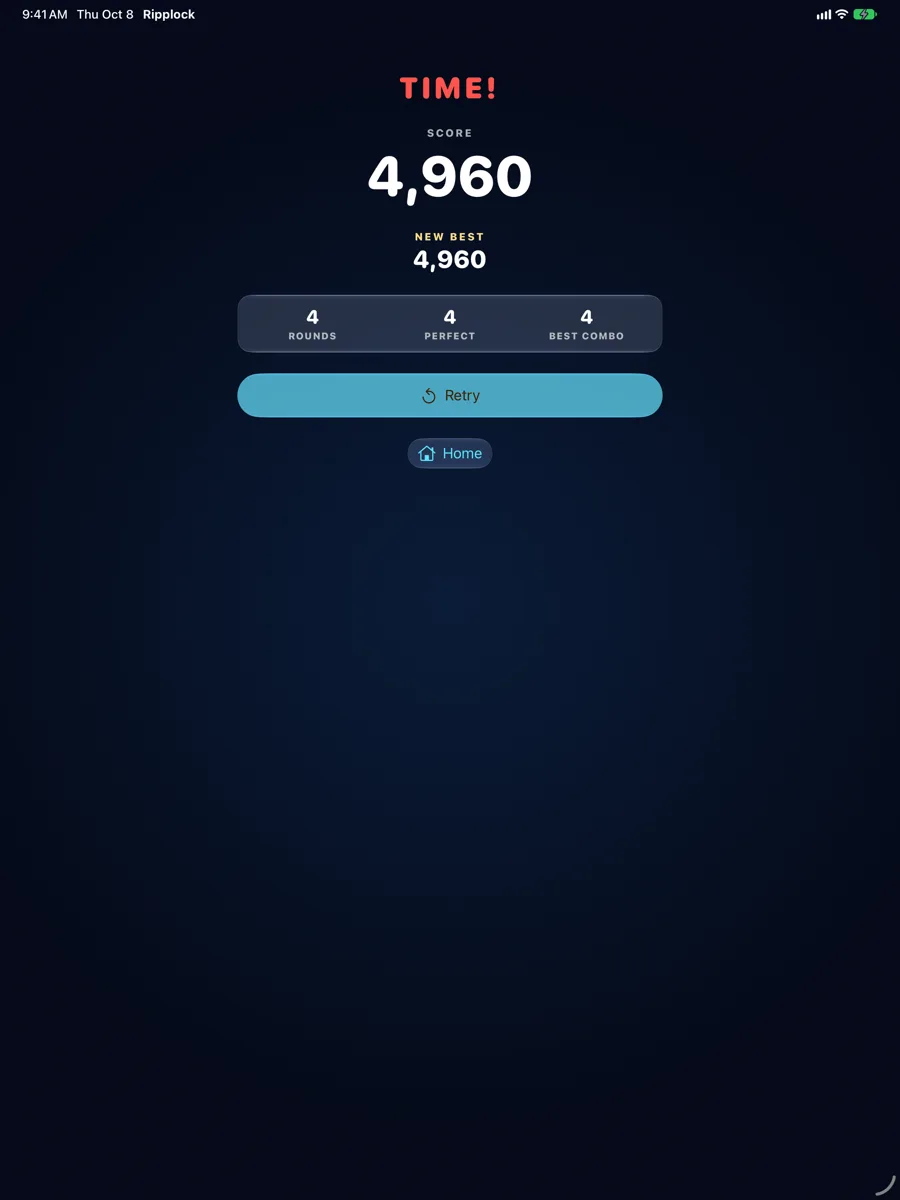 iPad TIME! screen with score and a new best