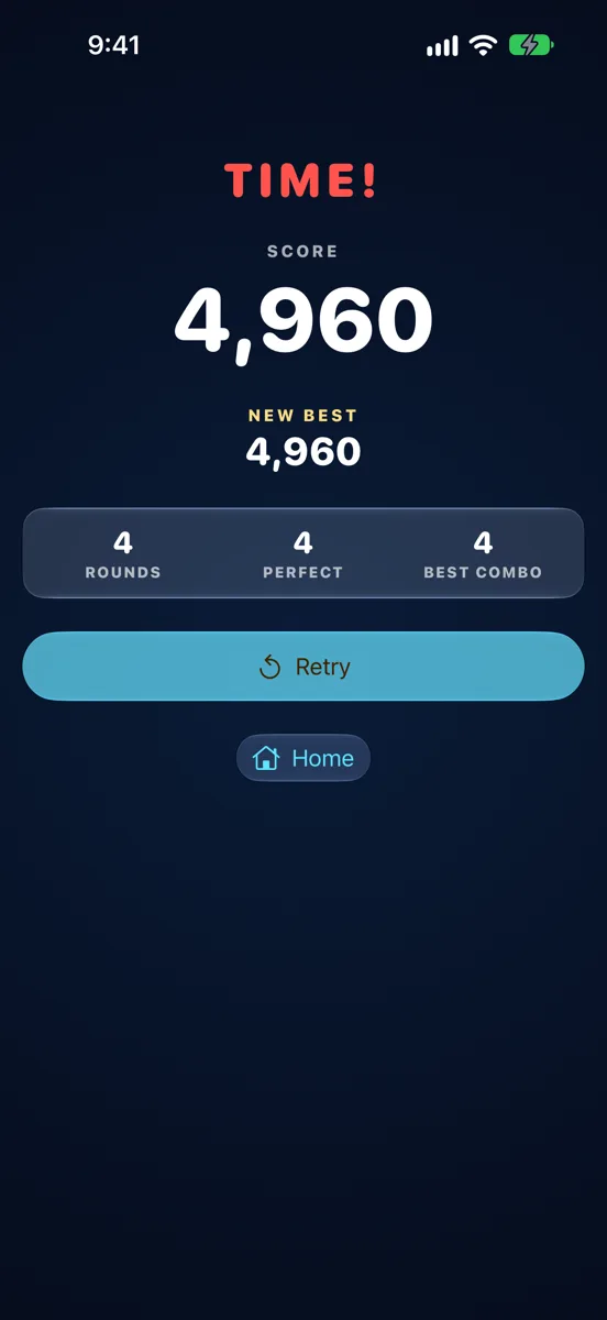 iPhone TIME! screen with score, a new best and Retry