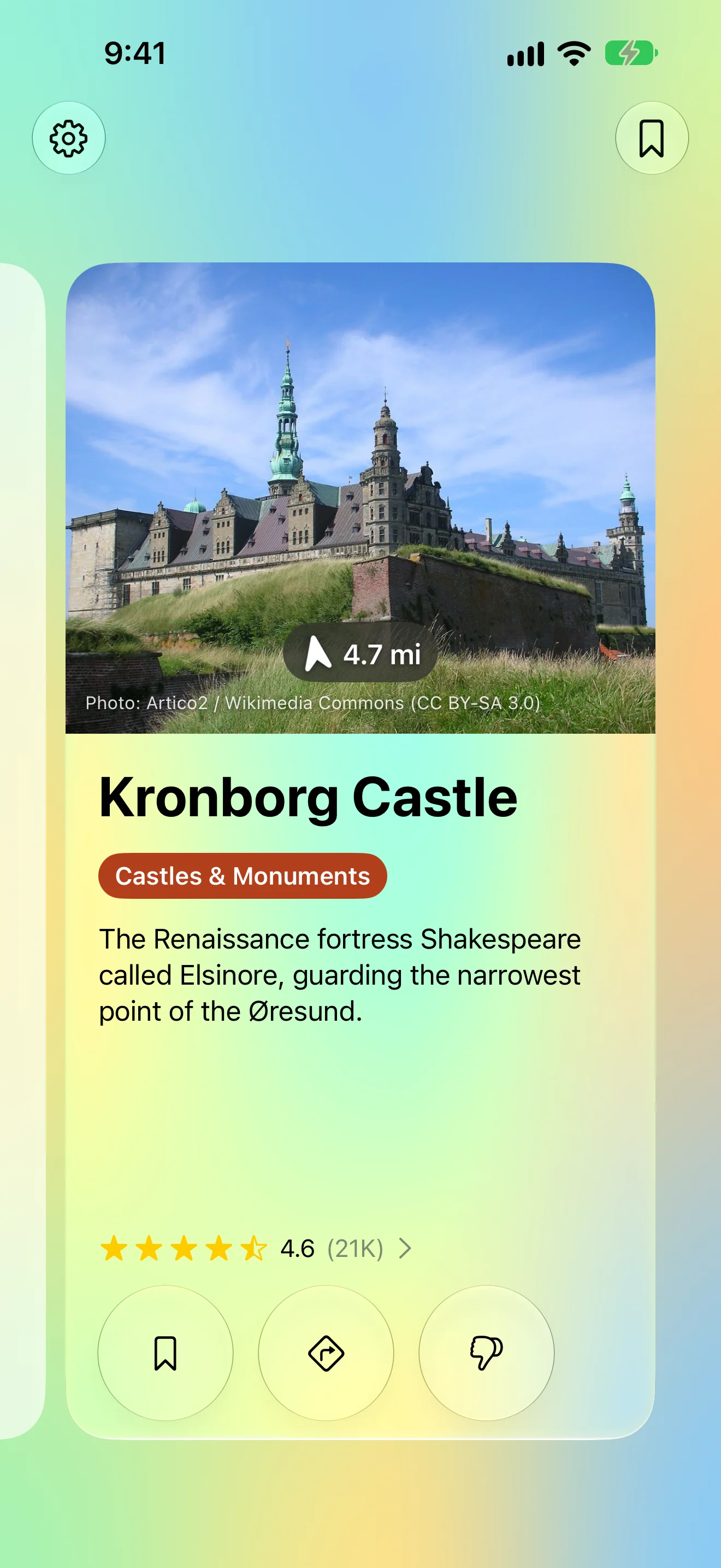 A RoadLens card for Kronborg Castle with a photo, distance and a direction arrow