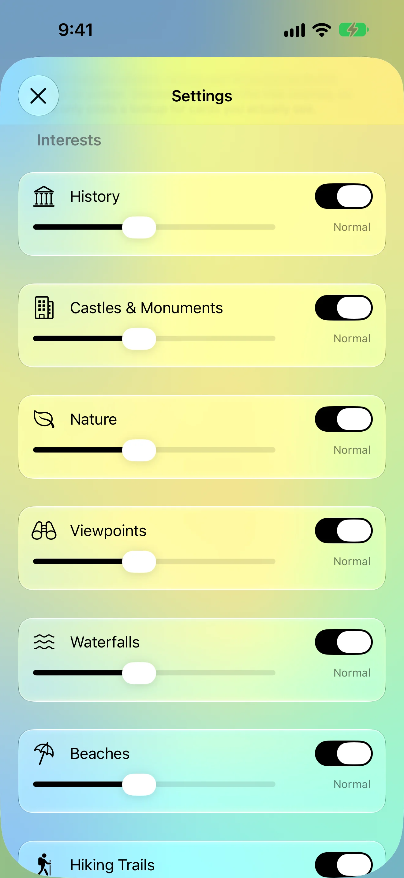 Interest categories with on/off switches and how-often sliders