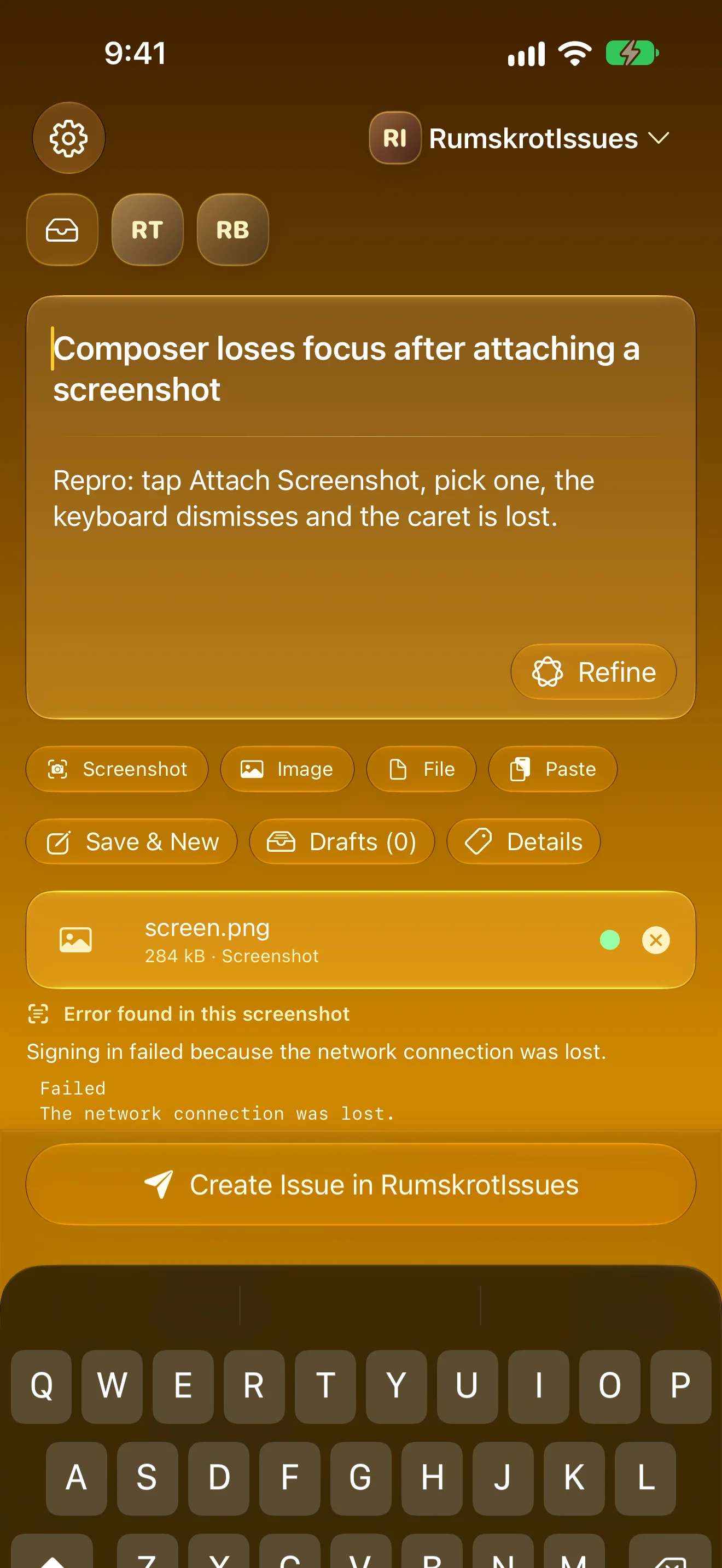 The composer, open on the last-used repository with the cursor in the title