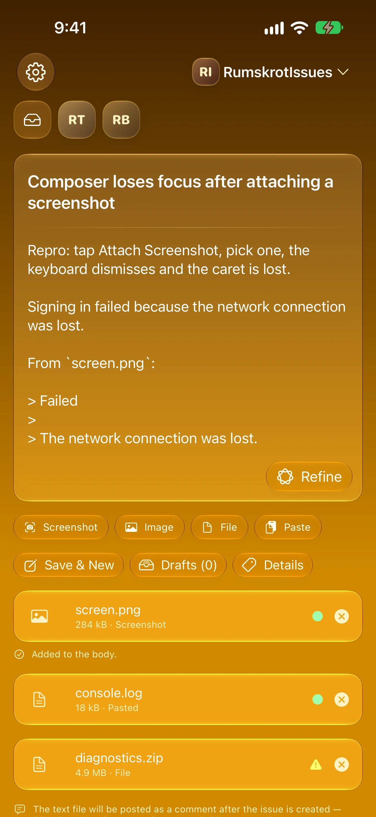 An error read out of an attached screenshot, quoted and offered for the issue body