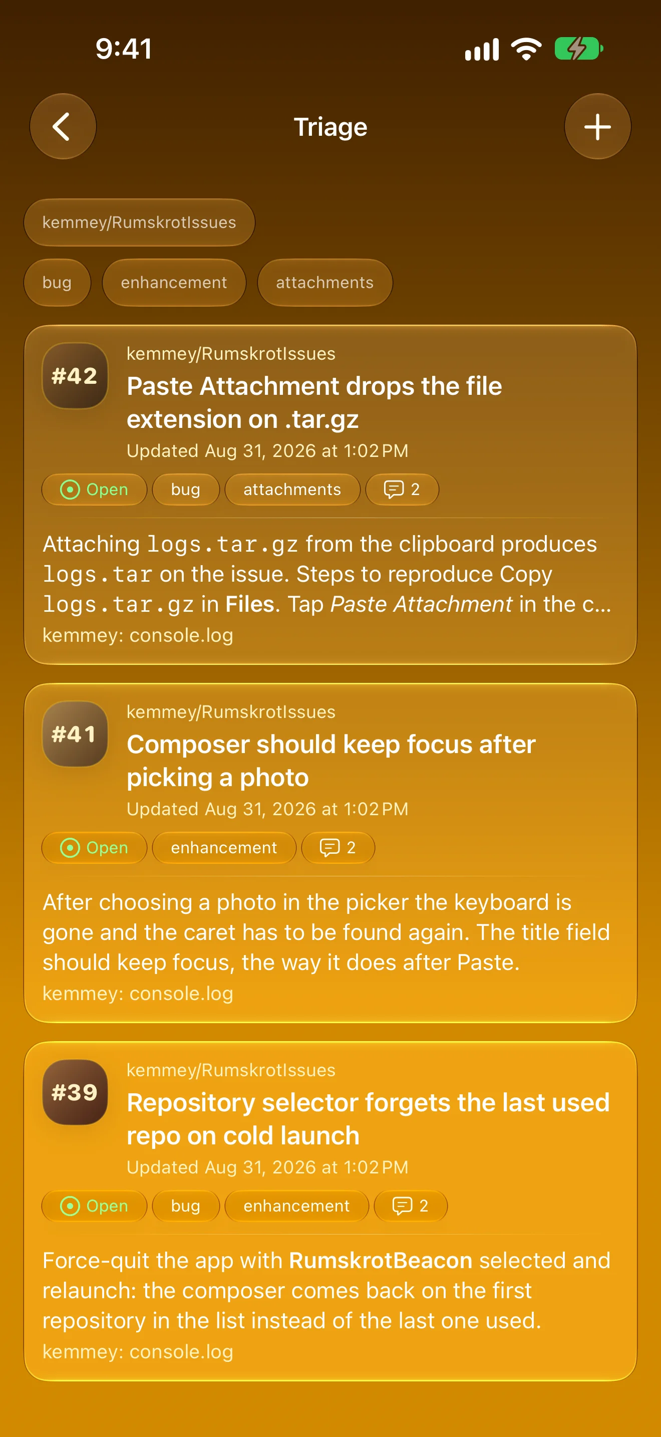 Triage Mode showing open issues as cards with excerpts, labels and comment counts