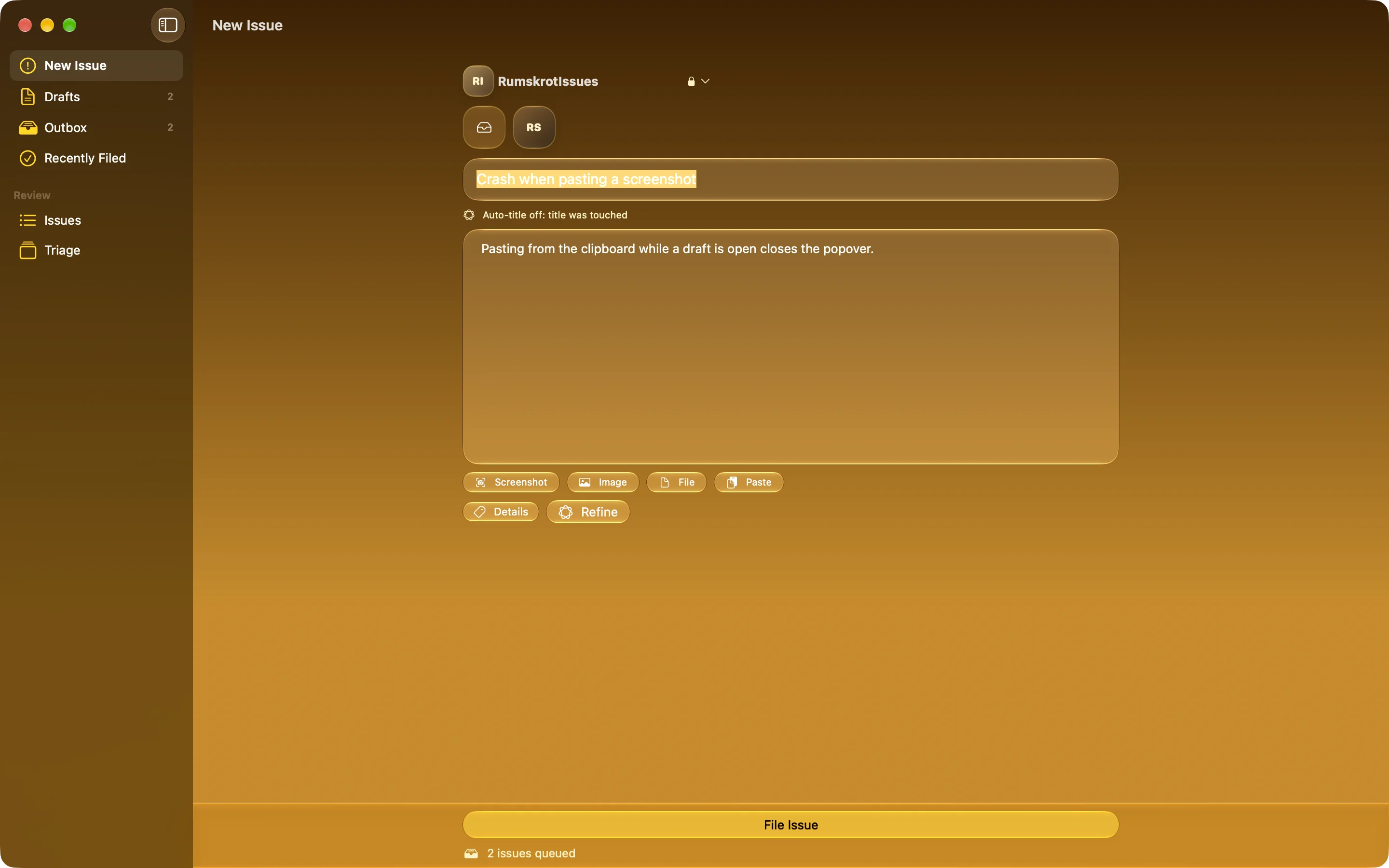 Mac: the composer with the last-used repository selected and File Issue at the bottom