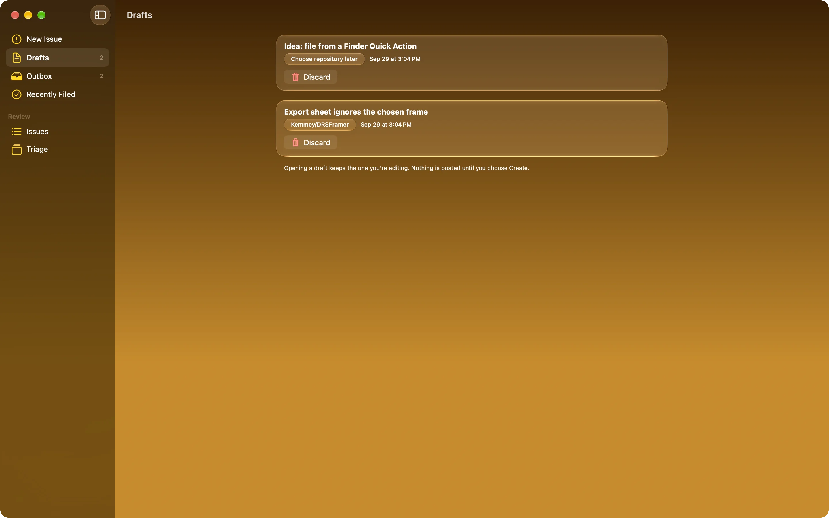 Mac: saved drafts, each with its repository