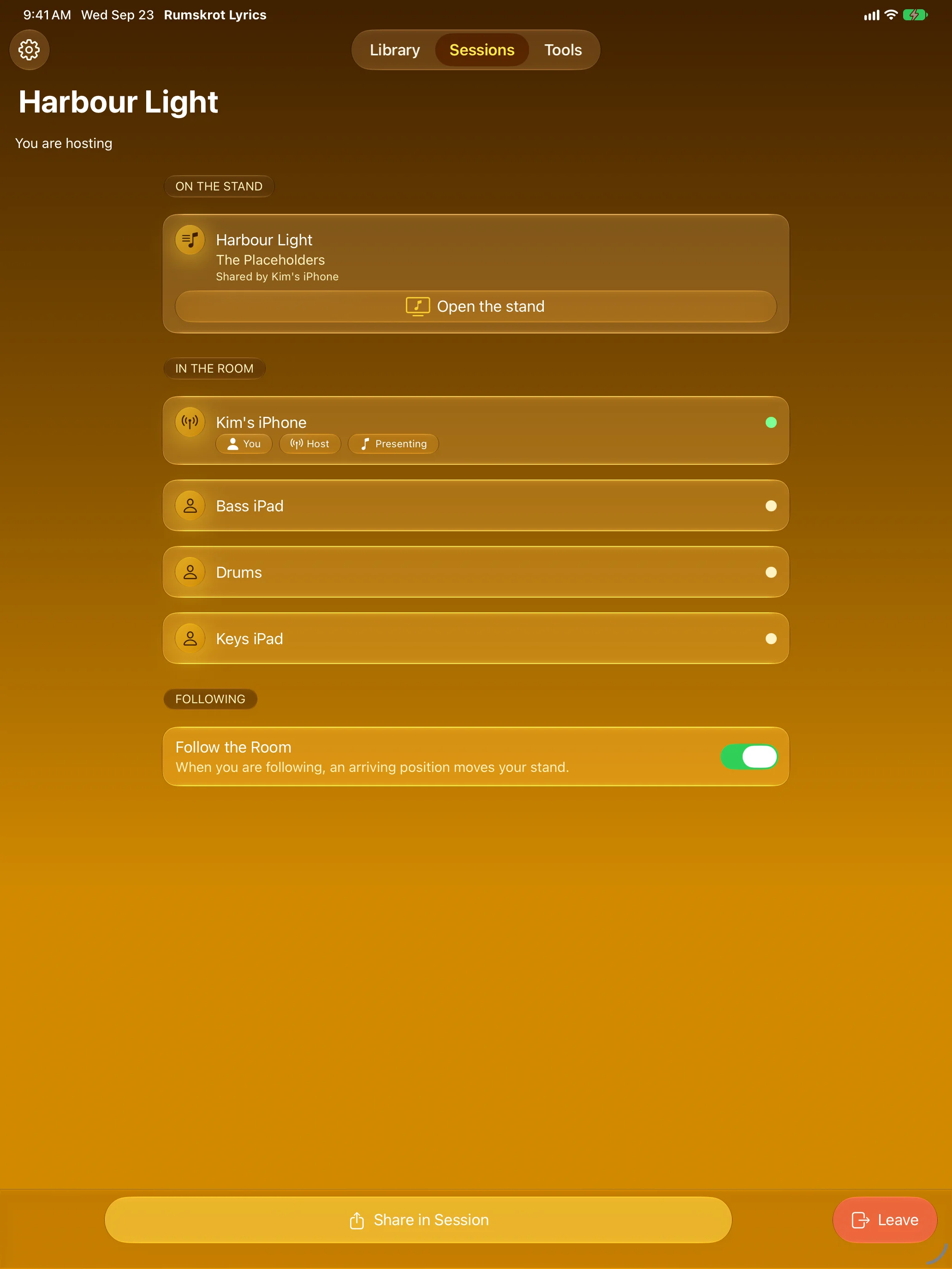 Hosting a session on iPad with three bandmates in the room