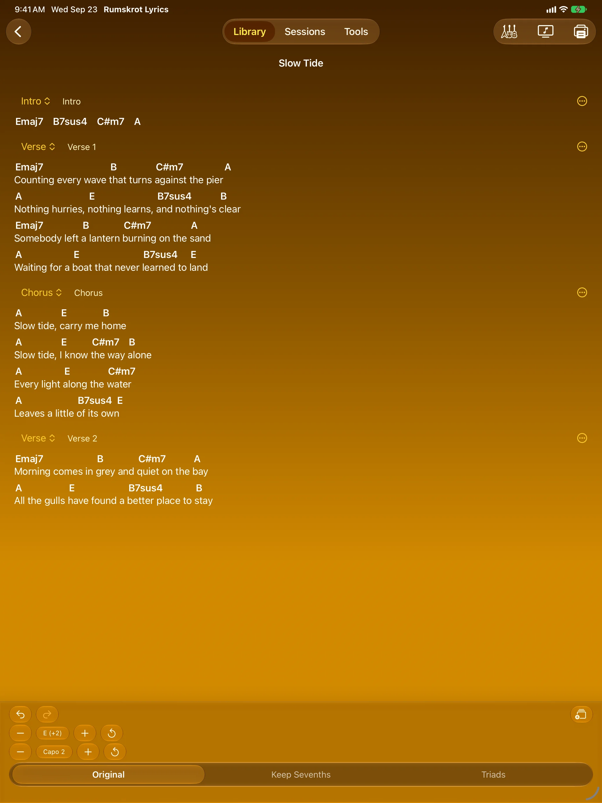 Song editor on iPad with separate transpose and capo controls