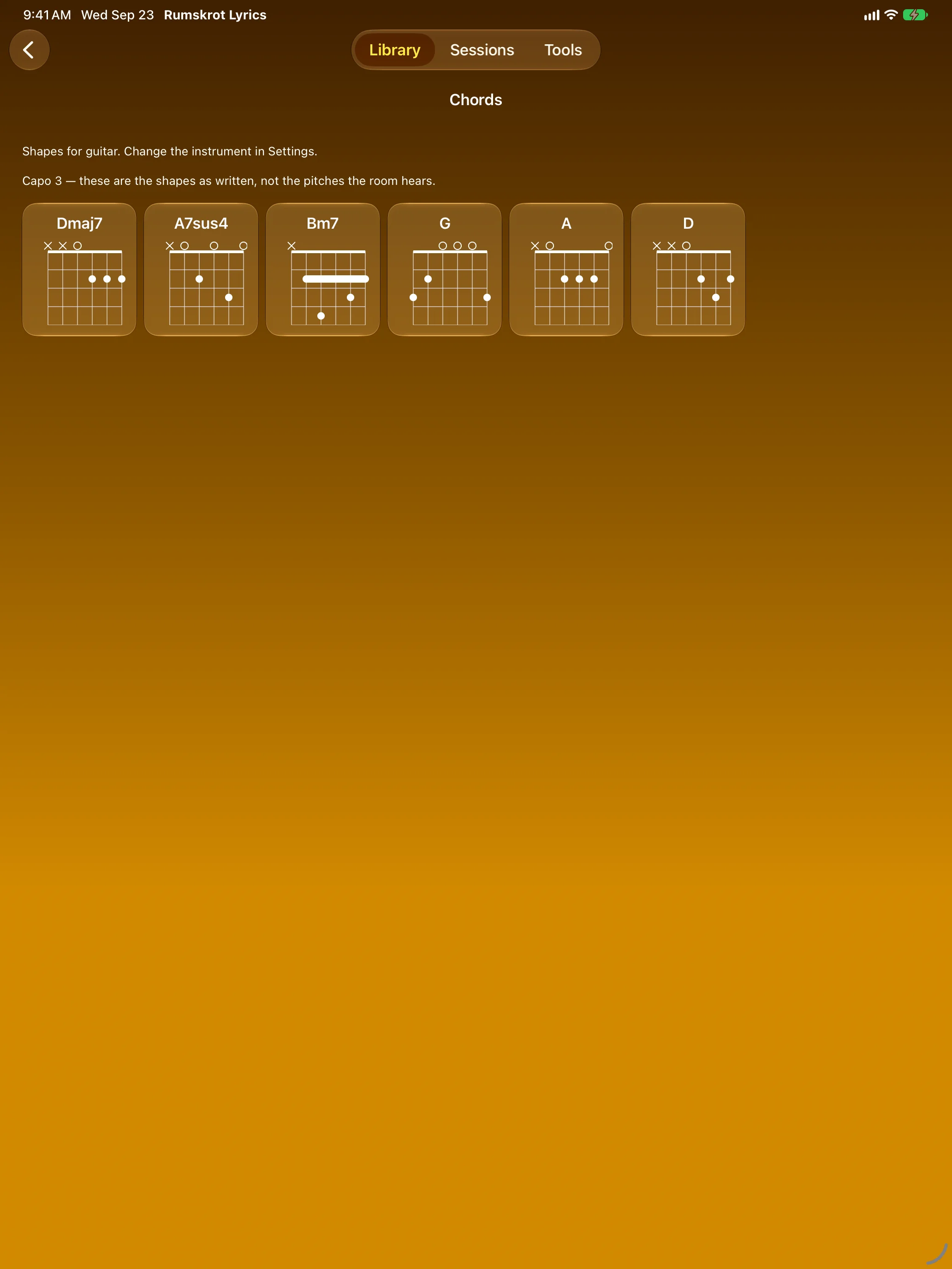Guitar chord diagrams for every chord the song uses, on iPad