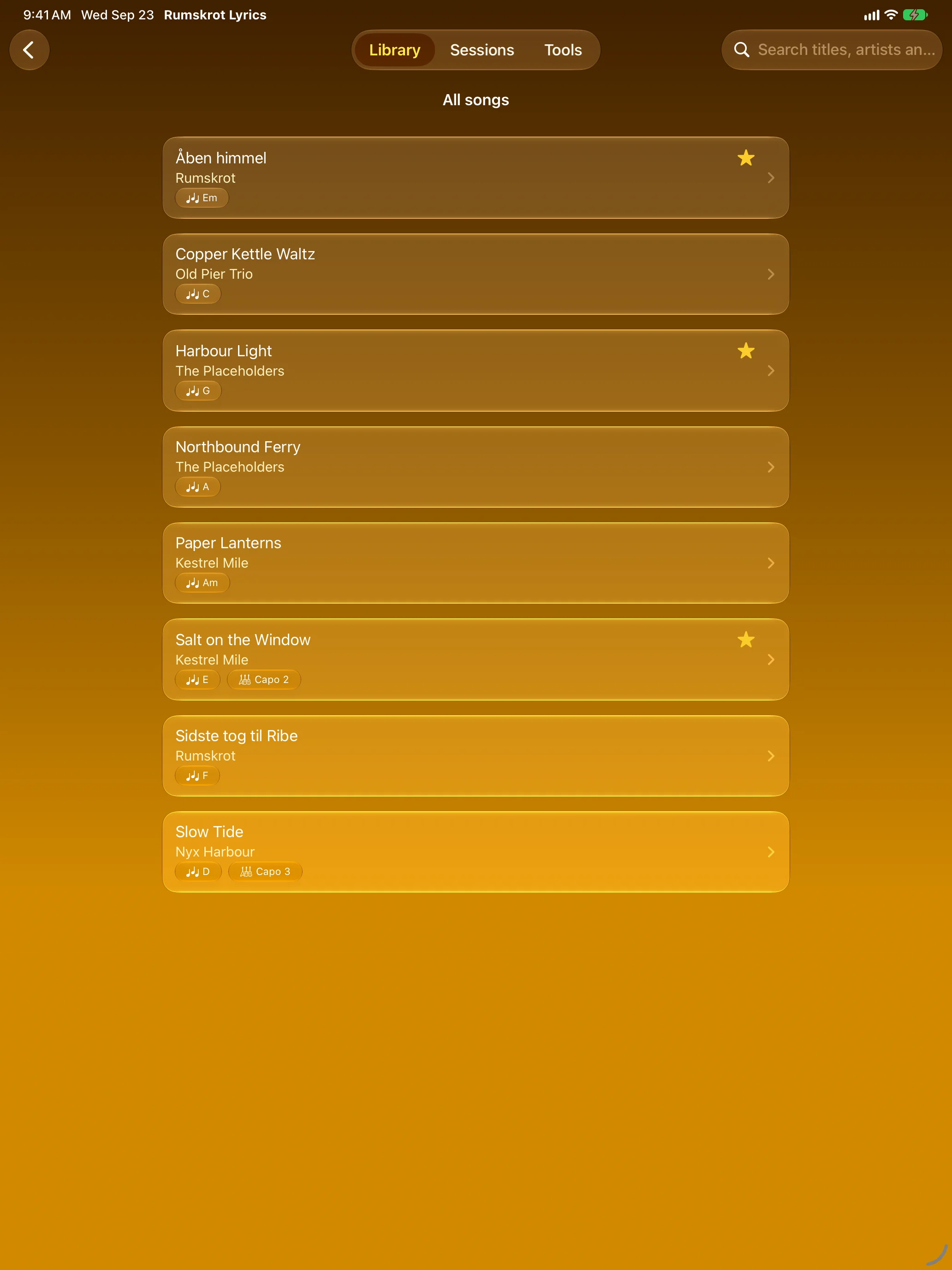 Song library on iPad with keys, capo and favourites