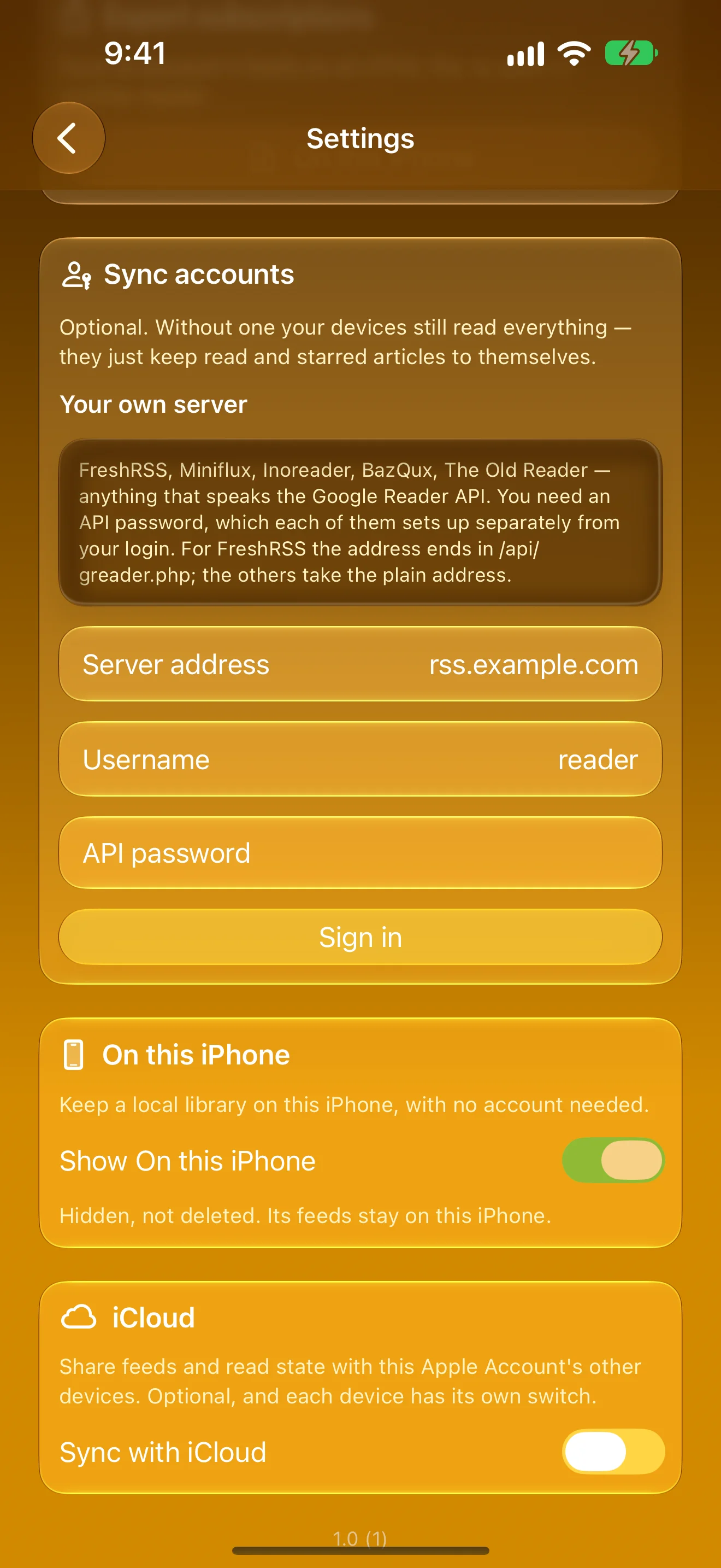 iPhone sync account sign-in for a Google Reader API server