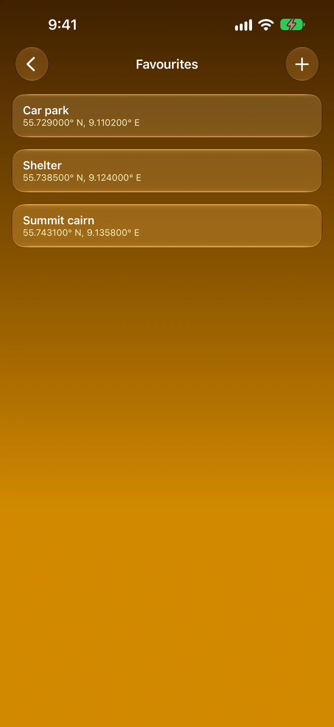 Traverse Favourites list on iPhone: Car park, Shelter, Summit cairn