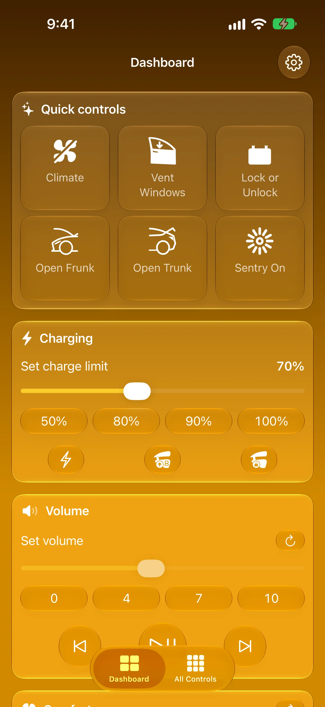 The iPhone dashboard with quick controls, charging and volume